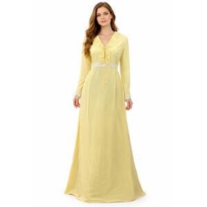 Vintage 70s Women's Small Maxi Dress Yellow Long Sleeve Fleur de Lis Trim